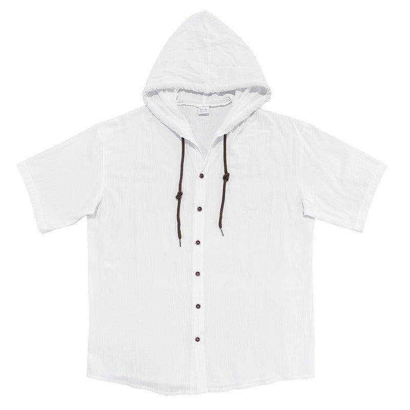 Men's Oversized Linen Hooded Shirt – Short Sleeve Amekaji Casual Summer Overshirt | 2455C