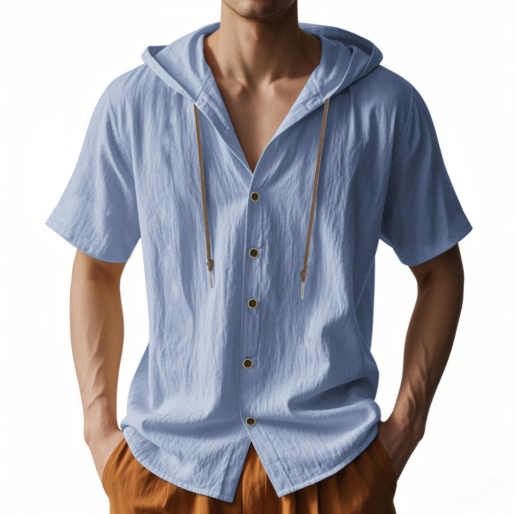 Men's Oversized Linen Hooded Shirt – Short Sleeve Amekaji Casual Summer Overshirt | 2455C