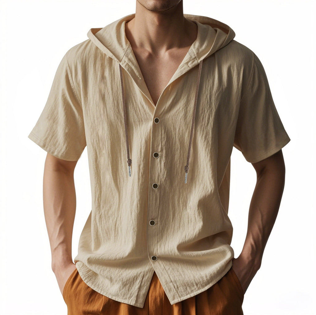 Men's Oversized Linen Hooded Shirt – Short Sleeve Amekaji Casual Summer Overshirt | 2455C