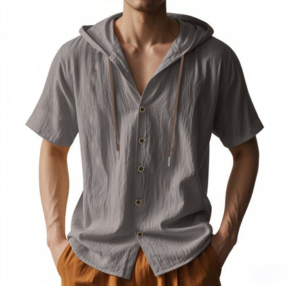 Men's Oversized Linen Hooded Shirt – Short Sleeve Amekaji Casual Summer Overshirt | 2455C
