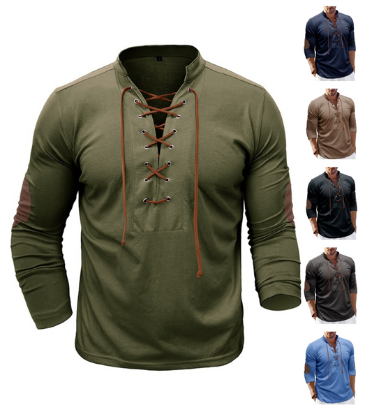 Men's Retro Long-Sleeved T-shirt Open Standing Collar Base Unhooded Shirt | 2379