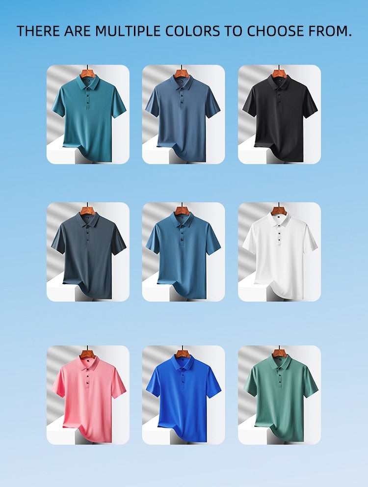 Men's Summer Seamless Ice Silk T-shirt Solid Color Short Sleeve Casual Stretch Polo Shirt | Y678