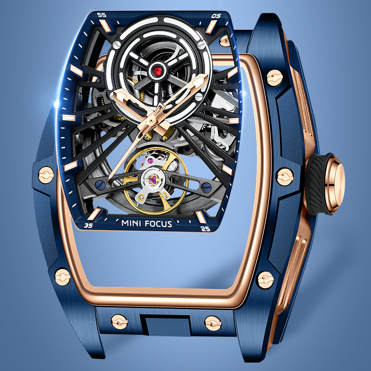 MINIFOCUS MF0603G Skeleton Automatic Watch for Men | Stainless Steel Barrel Case | Mechanical Wristwatch with Luminous Hands | MF0603G