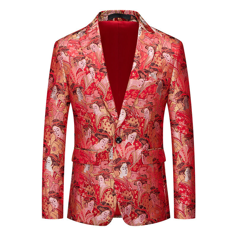 Men's Figure Jacquard Slim Fit Blazer | Single-Button Party & Banquet Jacket | Breathable Formal Wear for Nightclub & Events | 2609