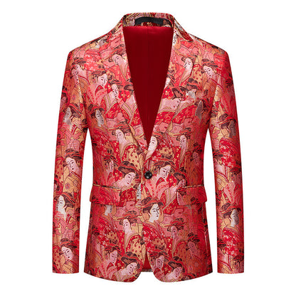 Men's Figure Jacquard Slim Fit Blazer | Single-Button Party & Banquet Jacket | Breathable Formal Wear for Nightclub & Events | 2609