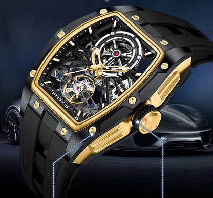 MINIFOCUS MF0603G Skeleton Automatic Watch for Men | Stainless Steel Barrel Case | Mechanical Wristwatch with Luminous Hands | MF0603G