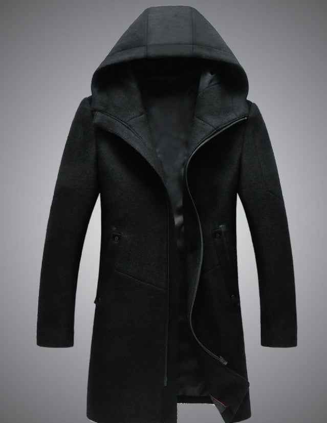 Men's Premium End Wool Blend Trench Coat Zip Closure Hooded Mid Long Overcoat