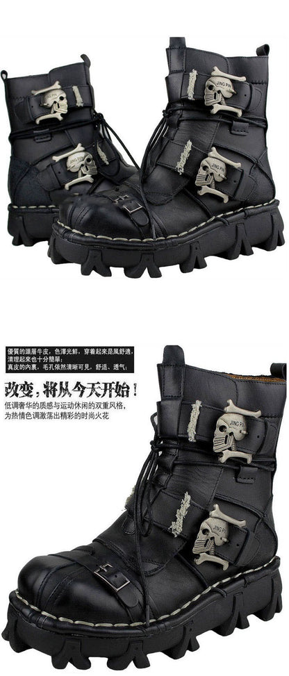 Men's Genuine Leather Harley Boots | Skull Design Motorcycle Ankle Boots | Waterproof & Anti-Slip Work Boots | 1809
