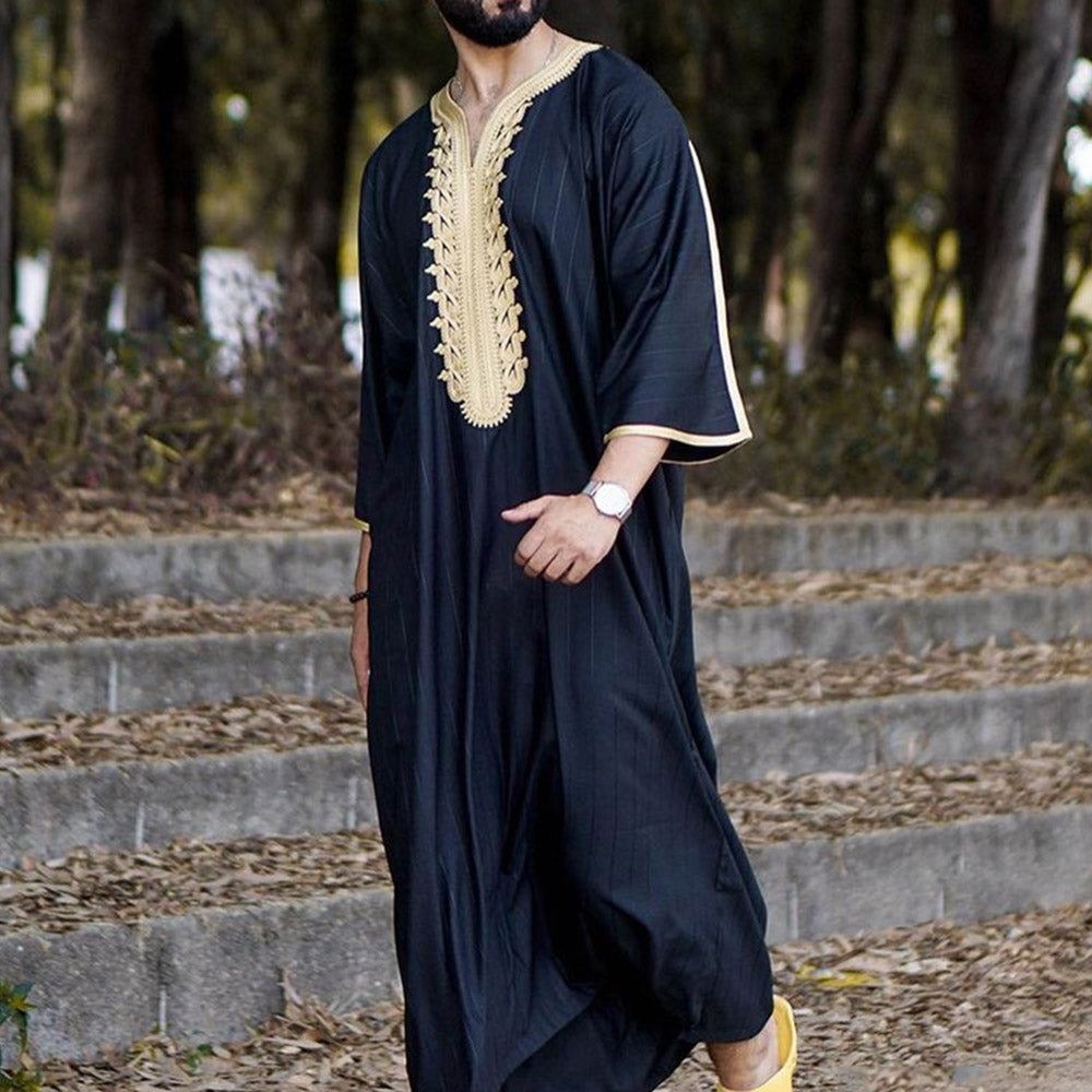 Men's Loose Muslim Robe Embroidered Long Sleeve Kaftan Islamic Abaya Ramadan & Eid Outfits | 1134997