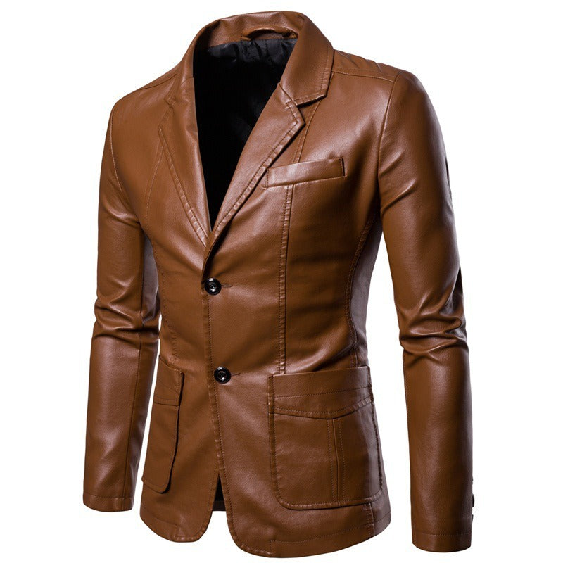 Men Suit Leather Jacket Casual Classic Business Motorcycles PU Leather Blazer Coat | 1412