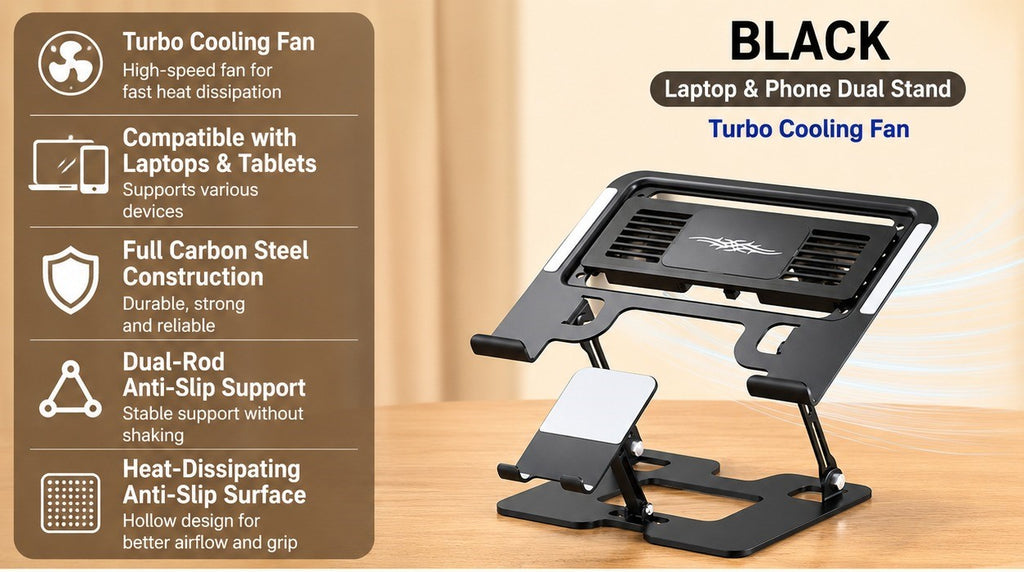 Laptop & Phone 2-in-1 Cooling Stand with Fans | Silent Turbo-Fan Elevator for Gaming Laptops | Height-Adjustable Aluminum Riser | 112