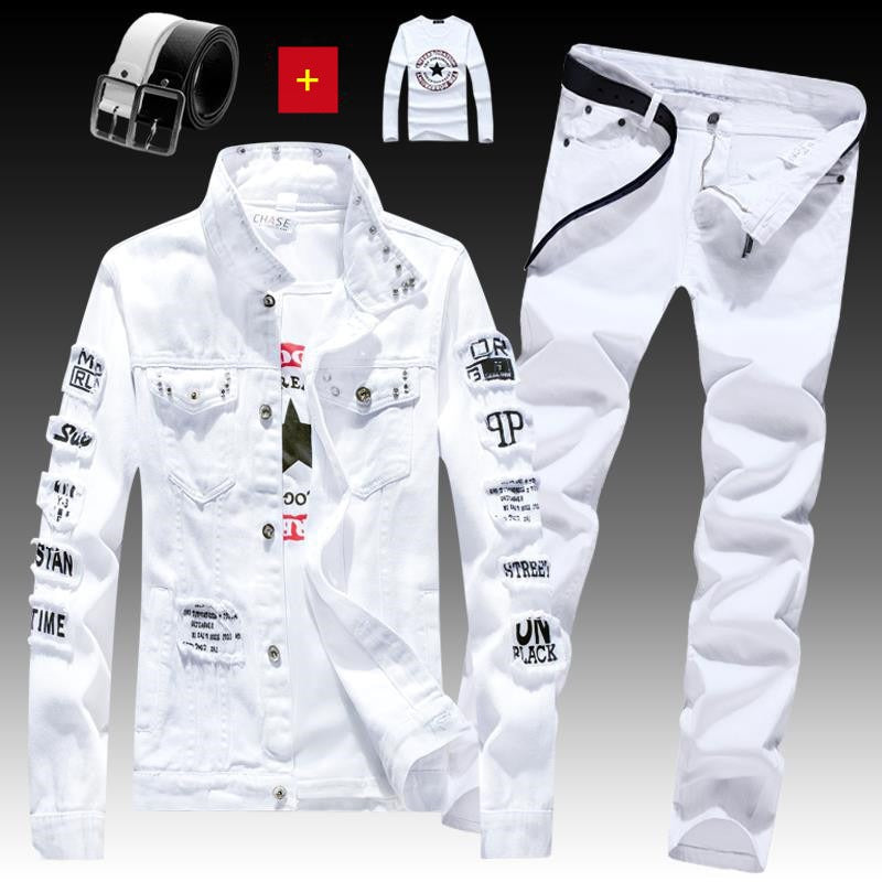 Men's Denim Jacket Jeans Pants Letters Printing Trousers 3 Pcs Set Casual Single Breasted