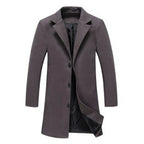 Men Light Weight Woolen Jacket Solid Color Single-Breasted Lapel Long Coat Business Overcoat | D67