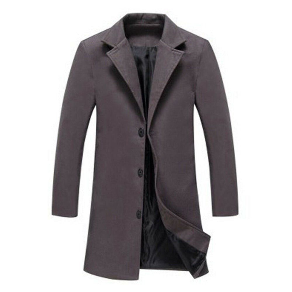 Men Light Weight Woolen Jacket Solid Color Single-Breasted Lapel Long Coat Business Overcoat | D67