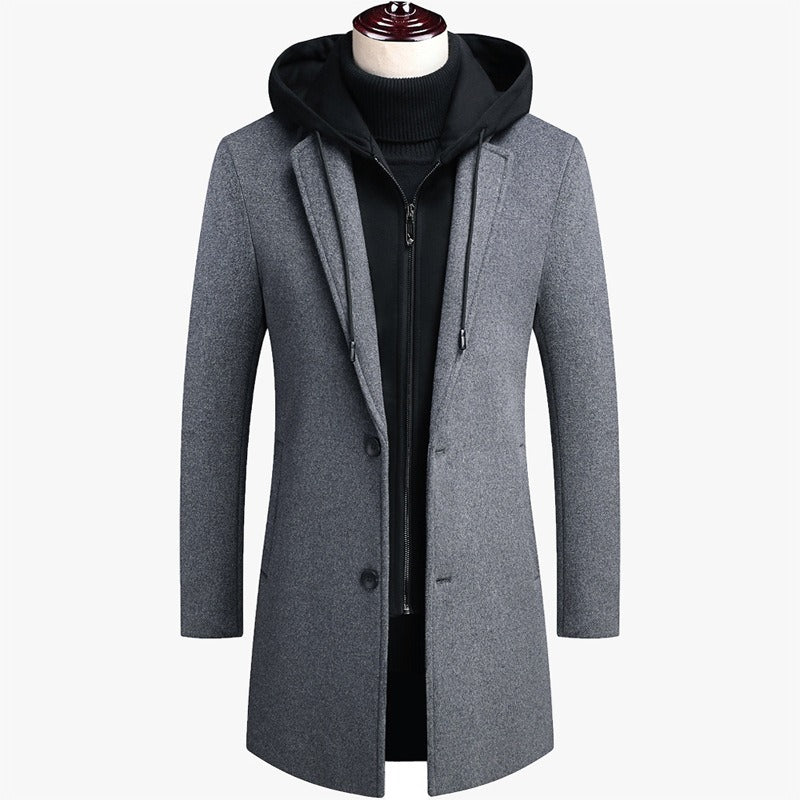 Men's Detachable Hooded Wool Jacket Windproof Mid-Length Coat Casual Thick Trench Coat | 1909-3