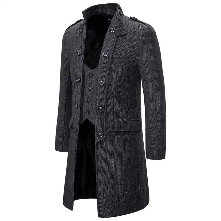 Men's Double Breasted Trench Coat Stand Collar Slim Fit Formal