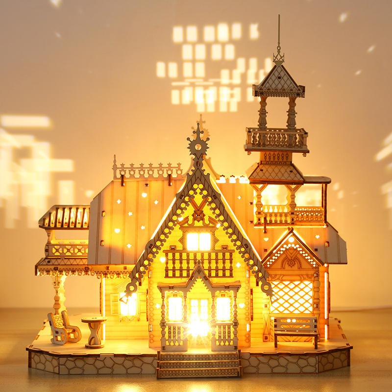 3D Puzzles Wooden Villa Castle Diy Wood Crafts Kids Light Up Hobbies Educational Toys | PT-045