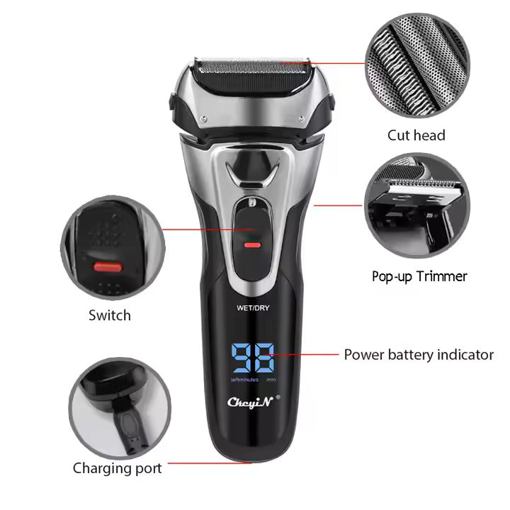 Triple Blade Electric Shaver for Men LCD Display IPX6 Waterproof USB Rechargeable Trimmer | RSM-1577