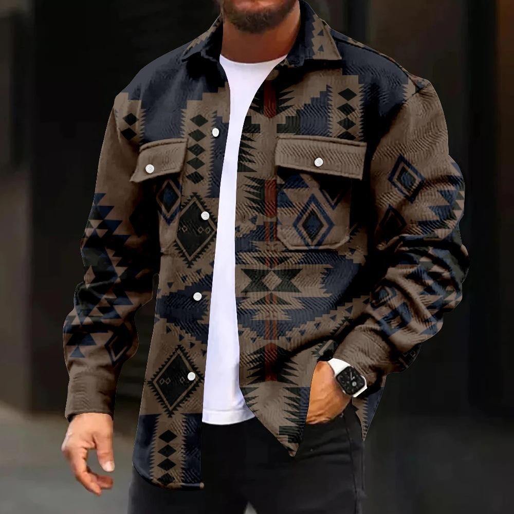 Western Vintage Navajo Aztec Bohemian Style Casual Single-breasted Corduroy Fleece Jacket | SYG-4459