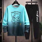 Men's 2 Piece Sweat Set Trousers Casual Pullover T-shirt Outer Wear Loose All-Match Gradient Color Long Sleeve Student Tops