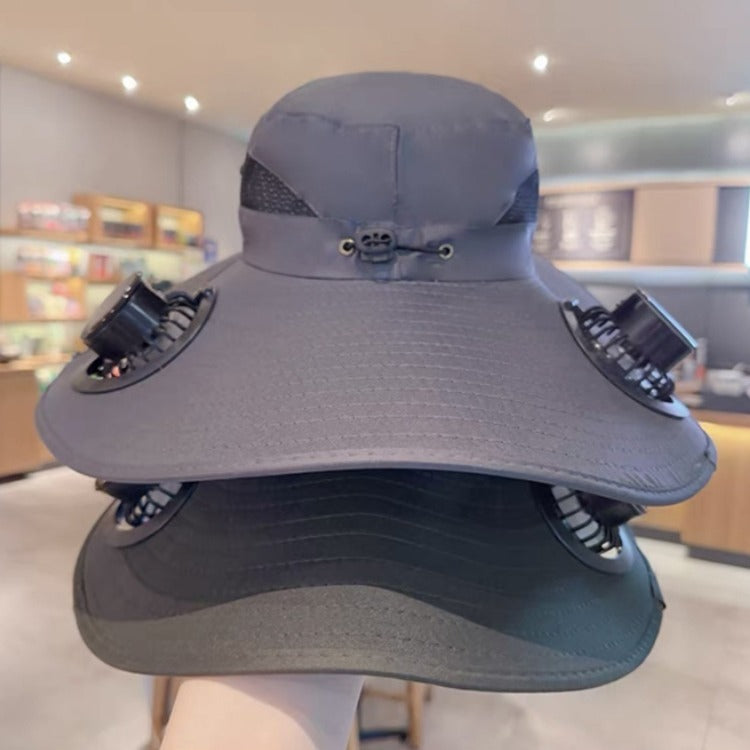 Unisex Cooling Fishing Fan Hat Summer Outdoor Adjustable Fan Bucket Hat with Face Cover - UV Protection