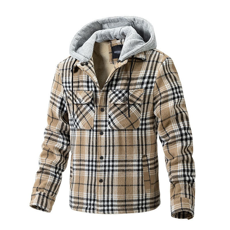 Winter Men's Jacket Plaid Wool Heavy Plus Size Shirt Checkered Hooded Coat Oversize Top