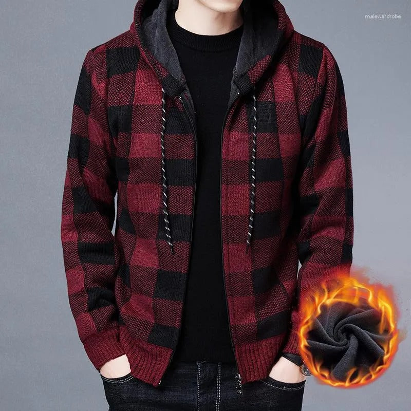 Men's Winter Casual Coat Hooded Knit Outwear Plaid Sweater Full Zipper Cardigan Jackets