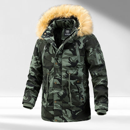 Men's Military Camouflage Fleece Lined Drawstring Thick Parka Casual Cargo Bomber Multi Pockets Jacket Cotton Canvas Fur Hooded Coat