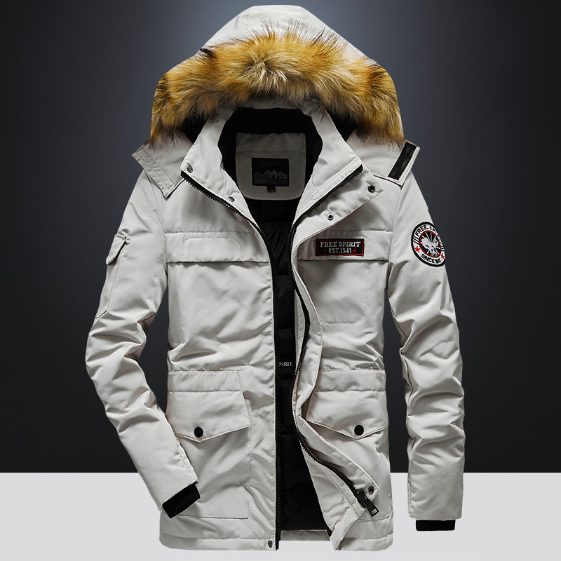Men's Versatile Camouflage Fleece-Lined Military Jacket with Fur Hood & Multi Pockets