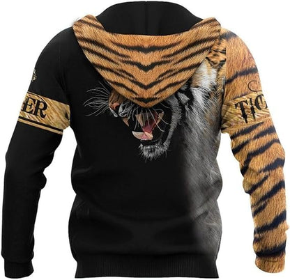 Pull à capuche décontracté avec impression numérique 3D de tigre pour homme 