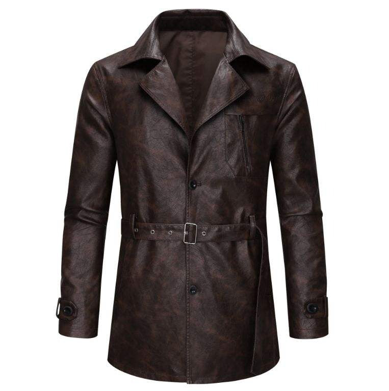 Men's Mid Length Single Breasted Leather Jacket Slim Fit Leather Coat UK Spring Autumn