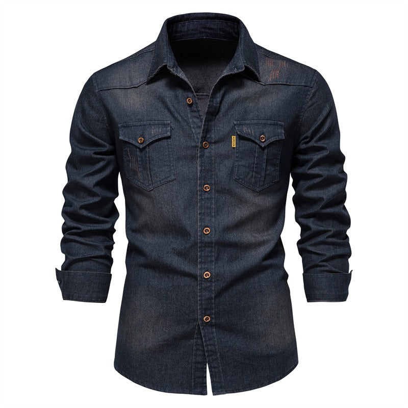 Men's Long Sleeve Denim No-Iron Casual Shirt Solid Color Cotton Vintage Style | 6022