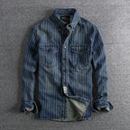 Men's Retro Heavy Distressed Denim Shirt Slim Fit Striped Long Sleeve Shirt | 8833
