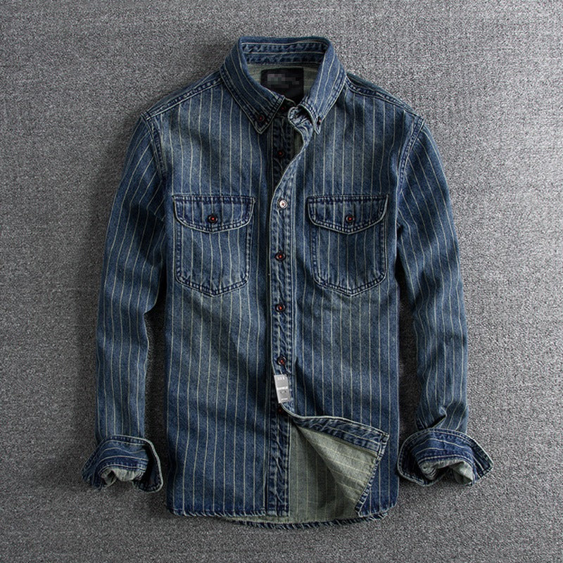 Men's Retro Heavy Distressed Denim Shirt Slim Fit Striped Long Sleeve Shirt | 8833