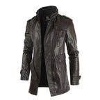 High Quality Casual Pu Leather Jacket Waterproof Thick Stand Collar Zipper Long Coat