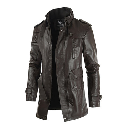 High Quality Casual Pu Leather Jacket Waterproof Thick Stand Collar Zipper Long Coat