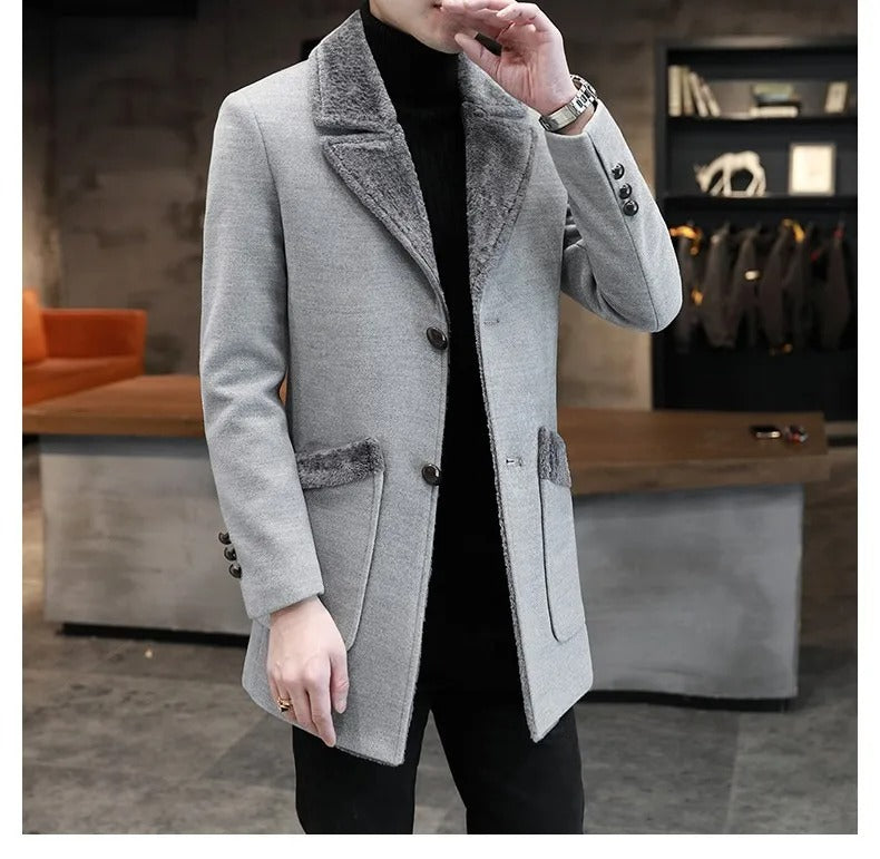 Men's Winter Fur Collar Trench Coat Slim Fit Mid-Long Blend Overcoat for Cold Weather | D-3229