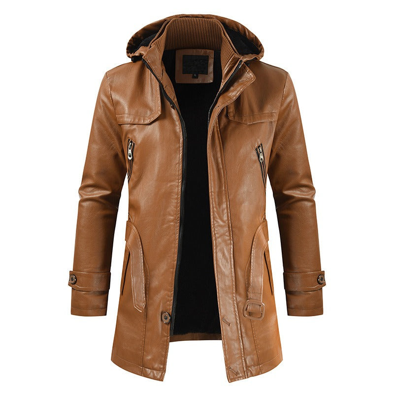 Men's Mid-Length Leather Jacket Youth PU Leather Windbreaker Jacket