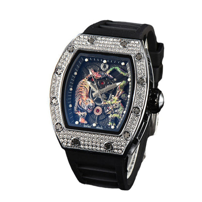 Montre de luxe pour homme RM - Montre automatique en caoutchouc avec motif de dragon et de tigre lumineux | 9924LH 