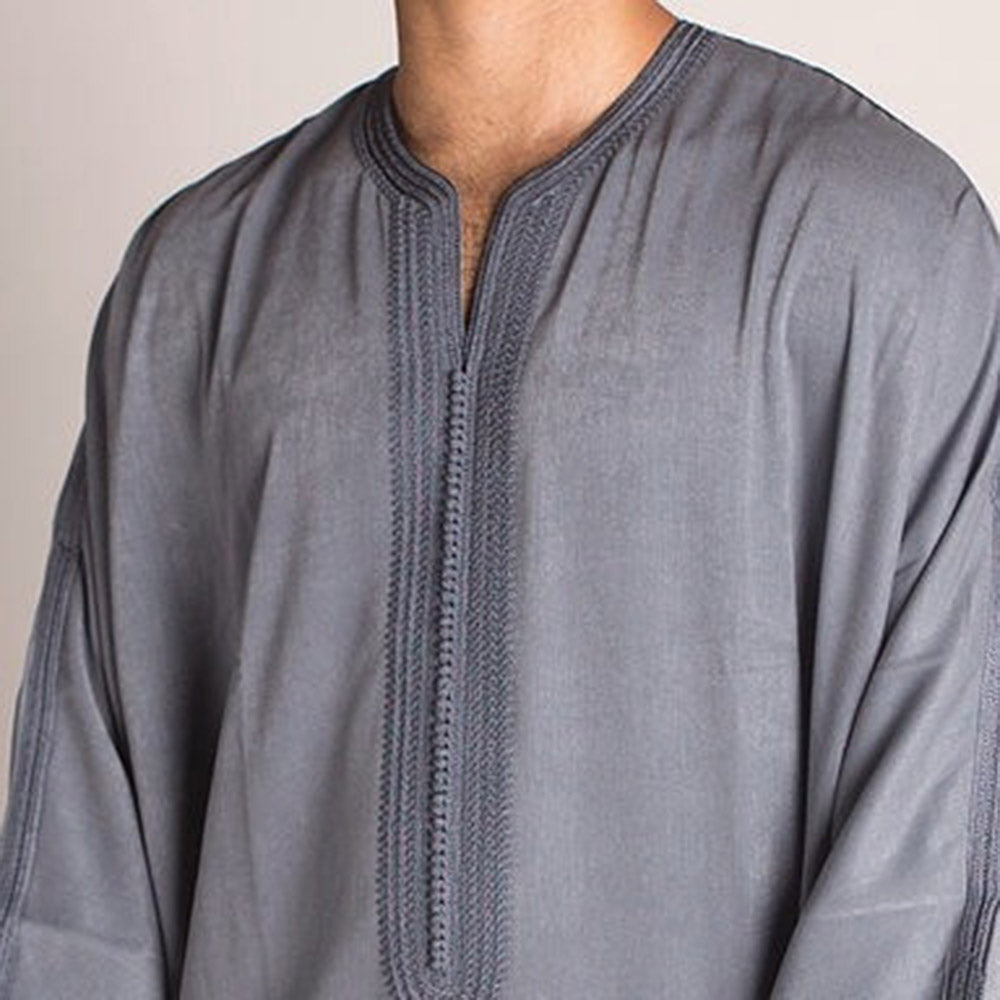 Grey African Ethnic Men's Long Shirt – Spot Muslim Robe Style Pullover | 1138203