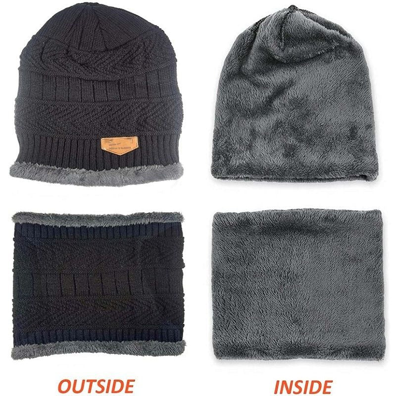 Winter Warm Soft Knitted Fleece Lined Velvet Skullies Beanie Hat Scarf Gloves Set | WEE1361