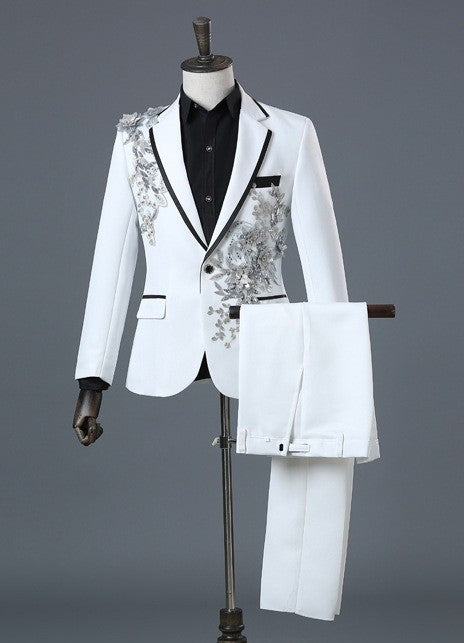 Costume 2 pièces pour homme, coupe ajustée, brodé, paillettes clignotantes, cristal, blazer, manteau, costume de soirée, smoking, tenue de mariage 