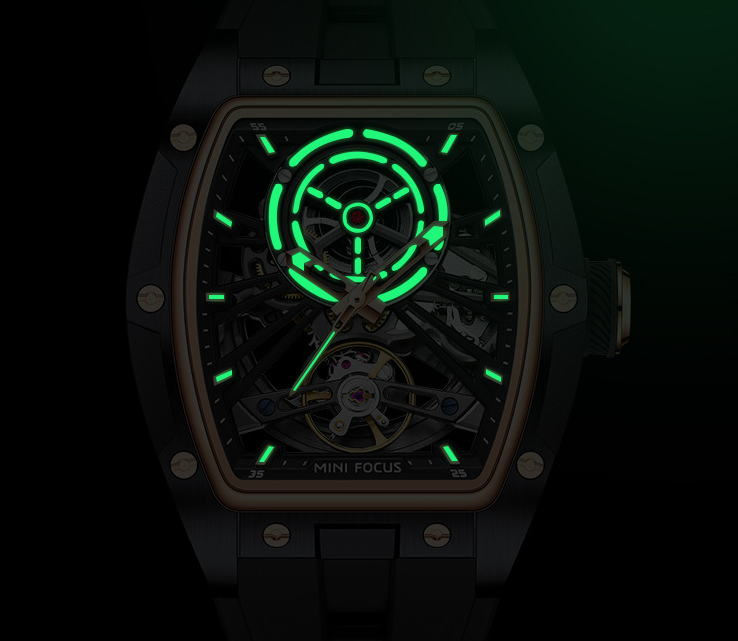 MINIFOCUS MF0603G Skeleton Automatic Watch for Men | Stainless Steel Barrel Case | Mechanical Wristwatch with Luminous Hands | MF0603G