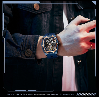 MINIFOCUS MF0603G Skeleton Automatic Watch for Men | Stainless Steel Barrel Case | Mechanical Wristwatch with Luminous Hands | MF0603G