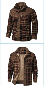 Men's Patchwork Corduroy Plaid Shirt Jacket Plus Size Velvet Lined Casual Winter Top | 3251