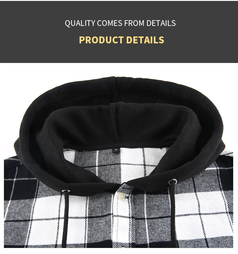 Men Premium Loose Fit Casual Flannel Long Sleeve Hooded Plaid Checkered Shirt | JM419