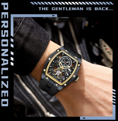 MINIFOCUS MF0603G Skeleton Automatic Watch for Men | Stainless Steel Barrel Case | Mechanical Wristwatch with Luminous Hands | MF0603G