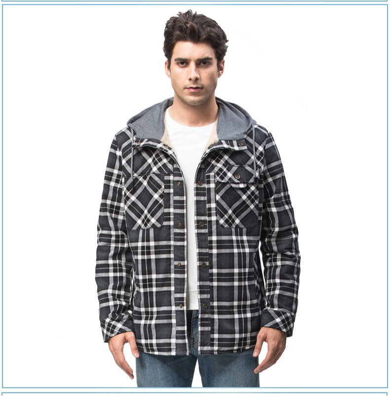 Men's Plaid Checked Shirt Jacket Plus Size Velvet Lined Windproof Warm Hooded Cotton Coat | 3252