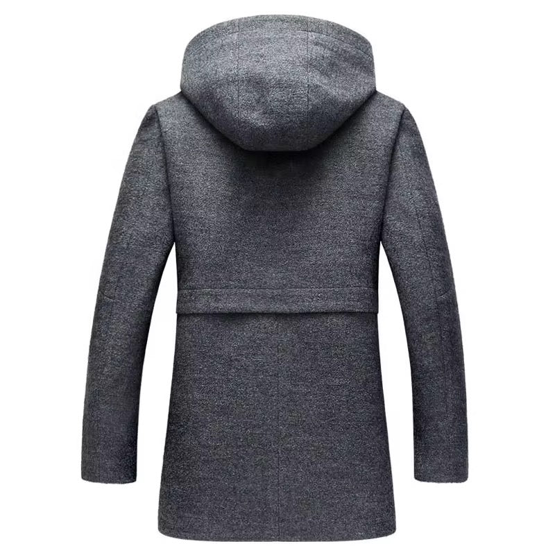 Men's Premium End Wool Blend Trench Coat Zip Closure Hooded Mid Long Overcoat