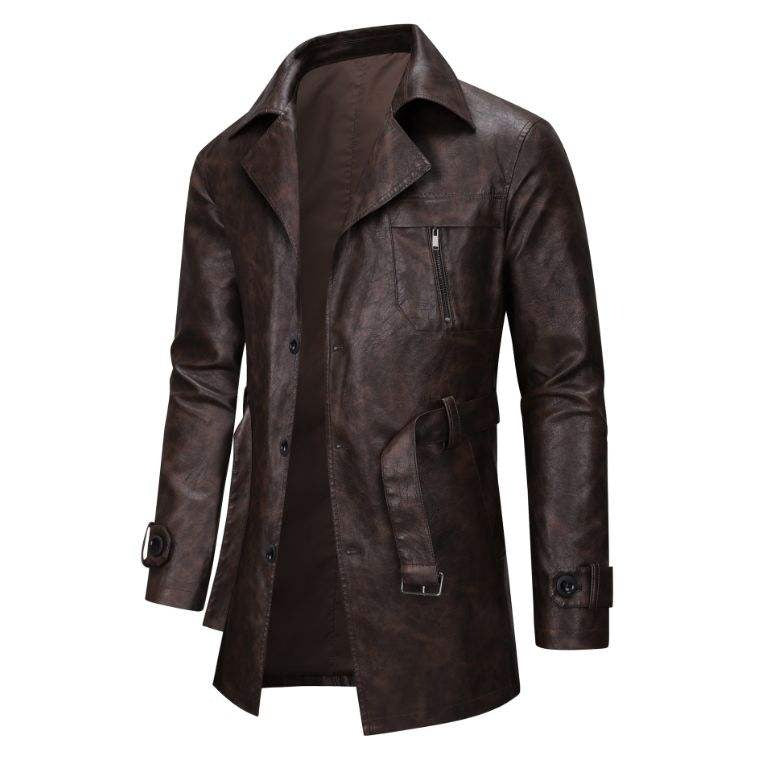 Men's Mid Length Single Breasted Leather Jacket Slim Fit Leather Coat UK Spring Autumn